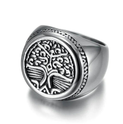 Handcrafted stainless steel Celtic Tree of Life ring with Viking Rune Totem design