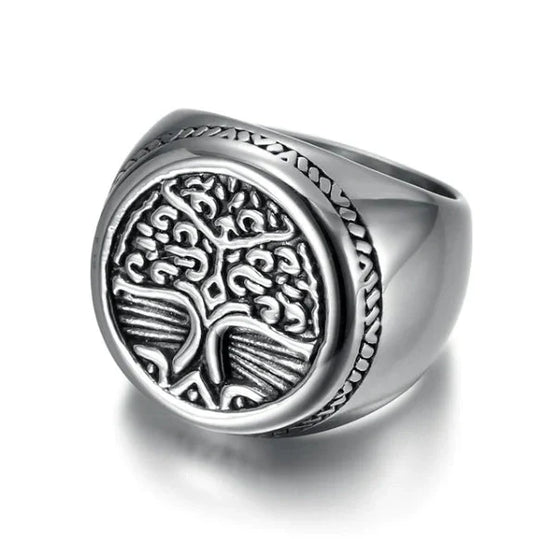 Handcrafted stainless steel Celtic Tree of Life ring with Viking Rune Totem design