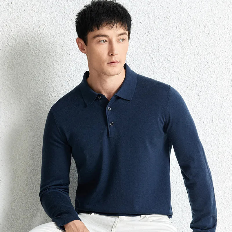Men's fine pure wool knit pullover sweater, mid-length 65cm, long sleeve, machine washable, in iron gray, black, star gray, or Yago red.