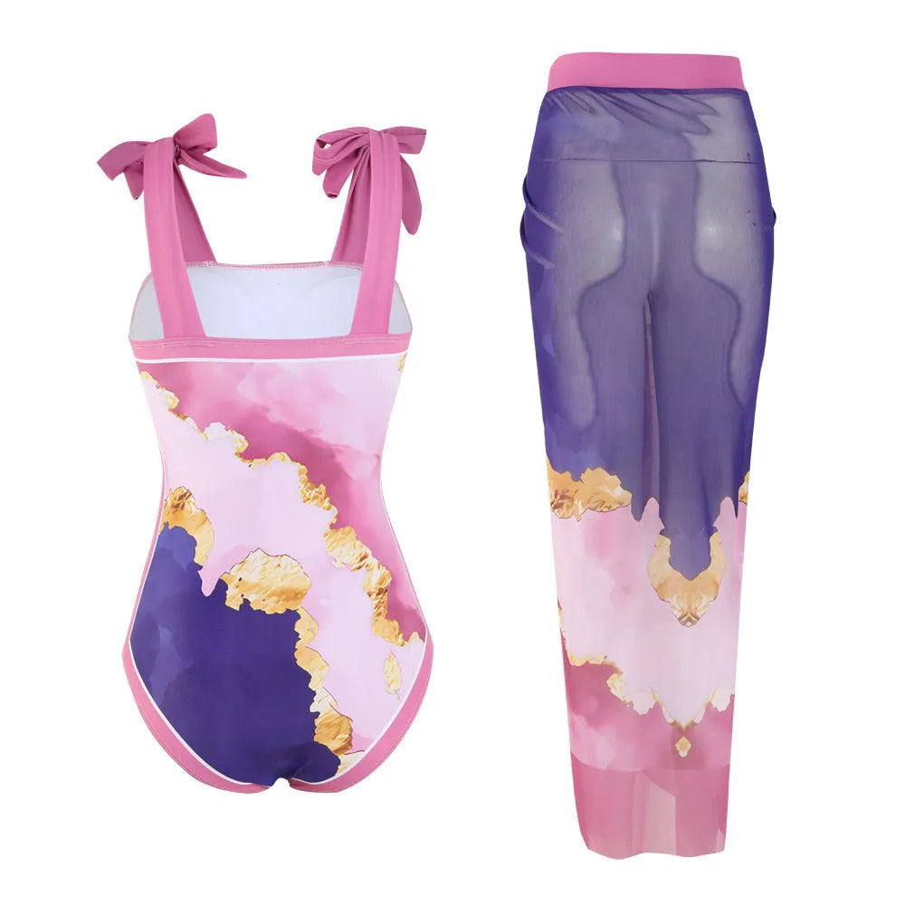 Floral print one-piece swimsuit with separate skirt in polyester fabric for swimming