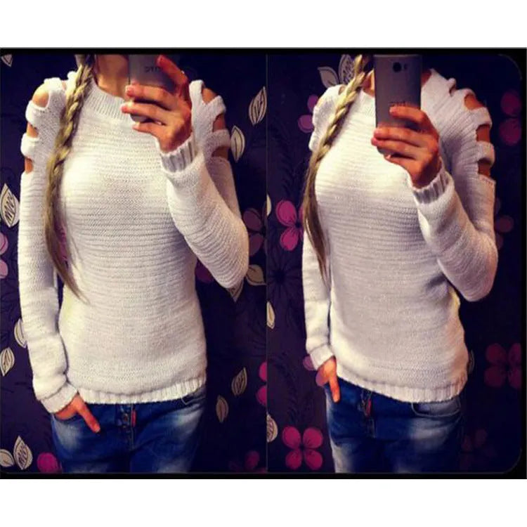Women's white knitted shirt with hollow-out crochet pattern, round neckline, and long sleeves