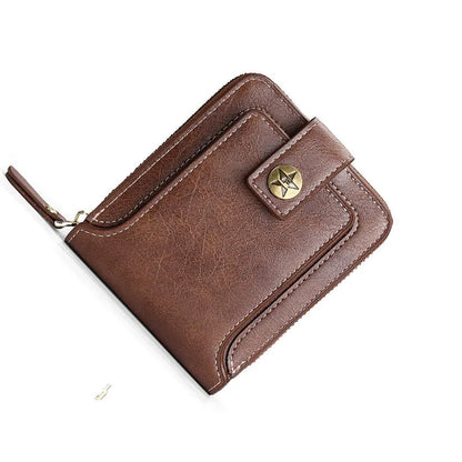 Men's short style bifold PU leather wallet in light brown, black, and dark brown colour options.