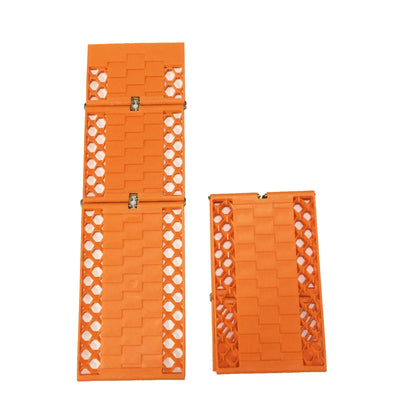 Orange folding vehicle rescue board showing folded and unfolded positions with anti slip rubber surface