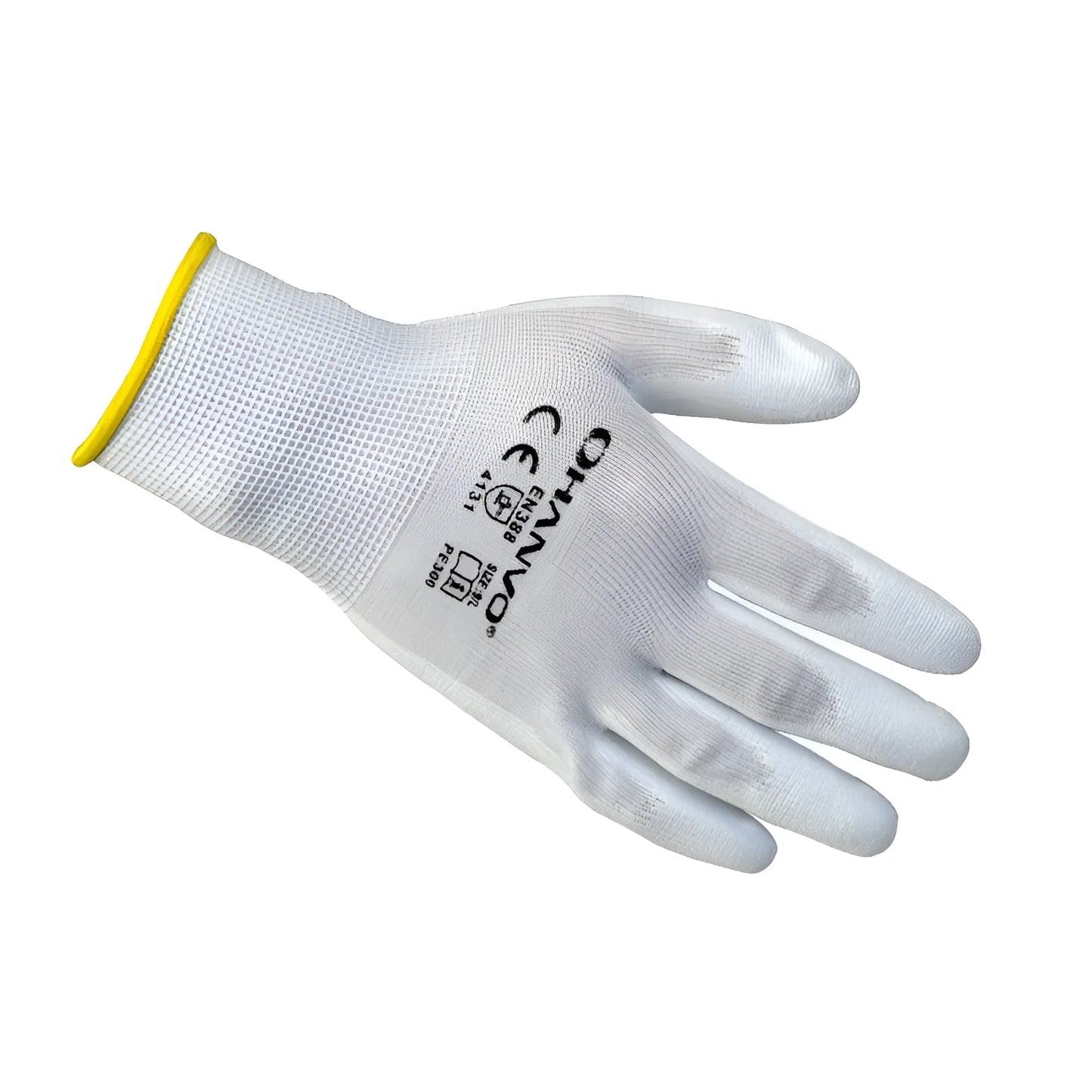 Pack of 10 pairs of white PU coated work gloves with knit backs, showing palm coating detail.