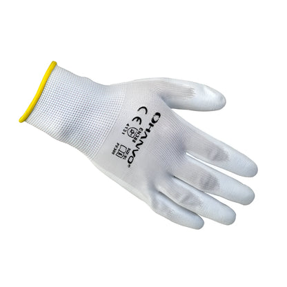 Pack of 10 pairs of white PU coated work gloves with knit backs, showing palm coating detail.