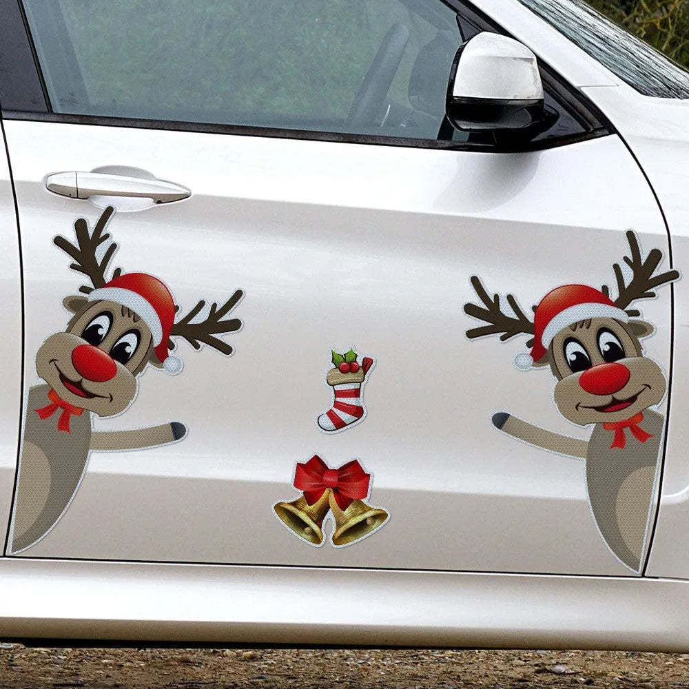 Cartoon Christmas elk bell design on a reflective magnetic luminous car bumper sticker.