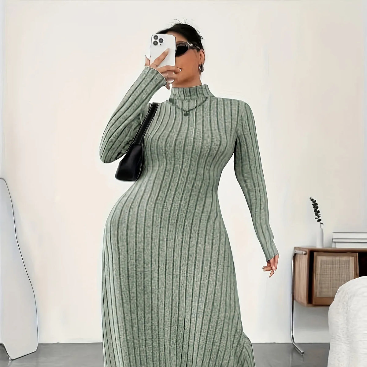 Plus size women's turtleneck long sleeve dress in black, army green, or milky white with stripe pattern, casual autumn winter long skirt.