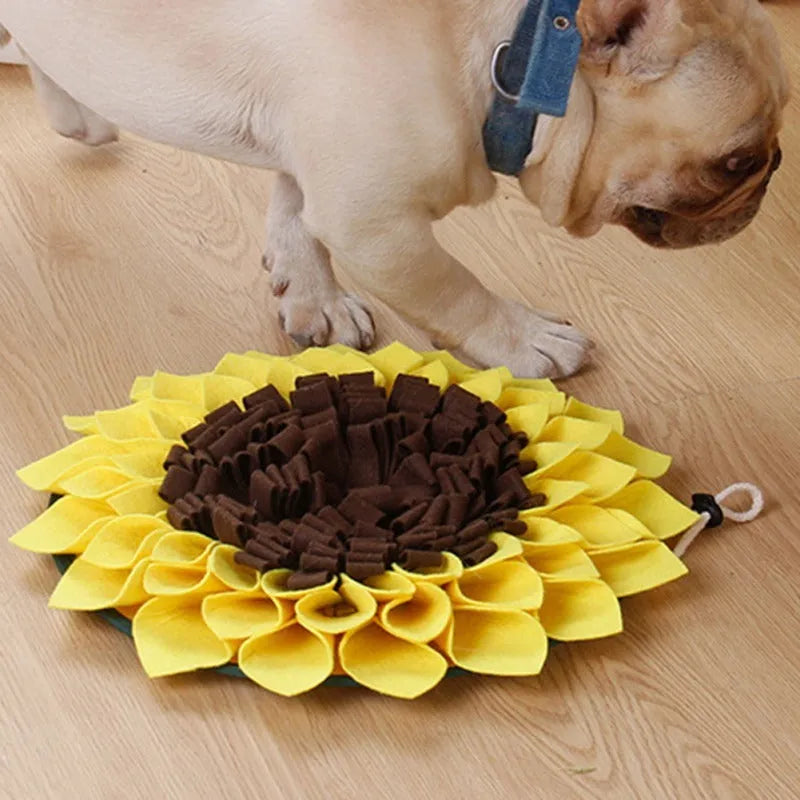 Yellow sunflower snuffle mat for dogs with rope and buckle attachment