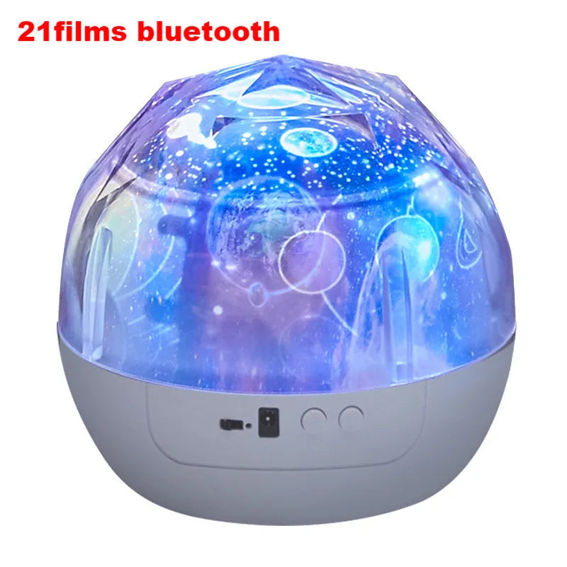 A cartoon-style starry sky projector lamp projecting constellation scenes onto a dark wall.