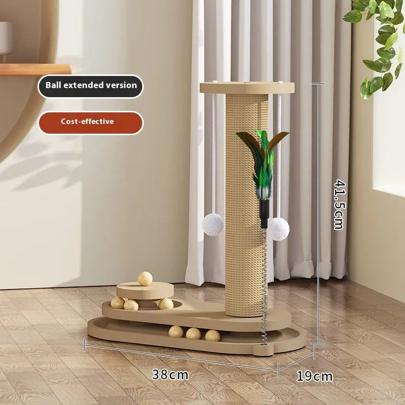 Solid wood cat scratching post with sisal rope and a brown oval turntable on a thick wooden base.