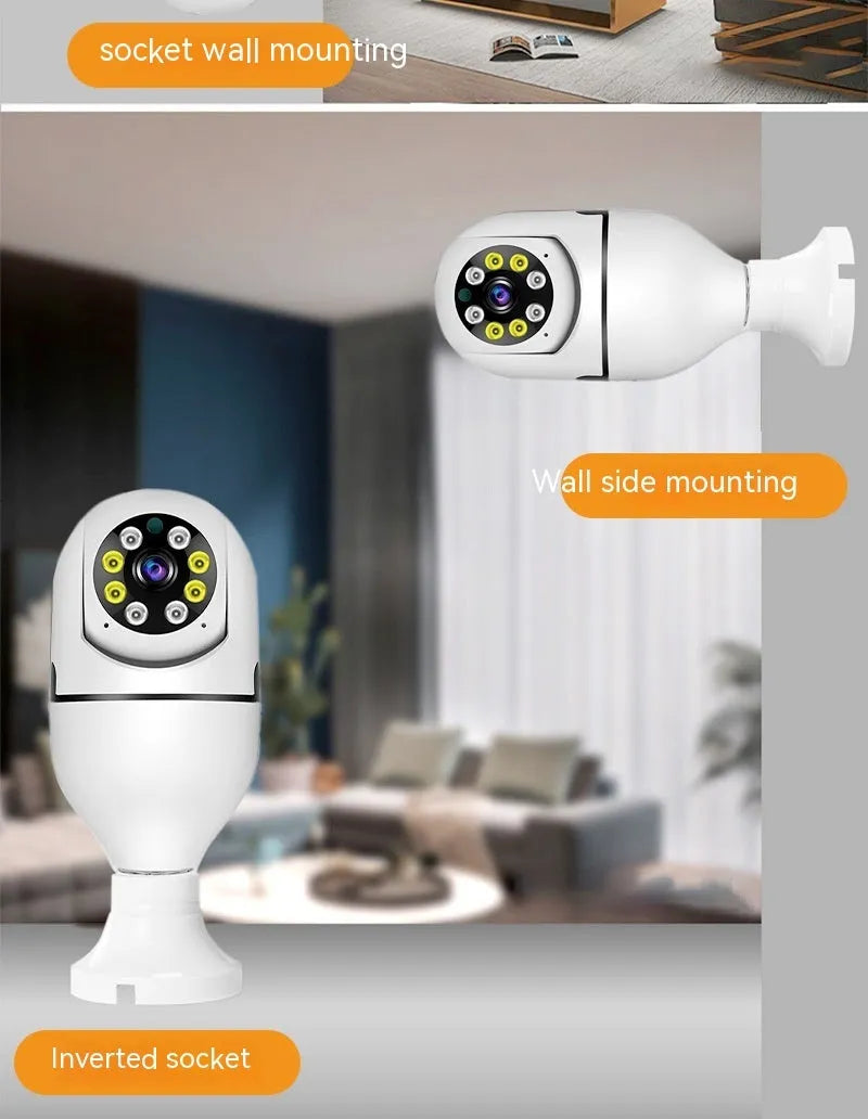 White wireless bulb security camera with E27 base, showing lens and compact 5cm by 12cm size.