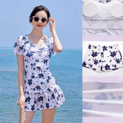 Women's mesh short sleeve swimming dress in Summer White colour with briefs style lower garment