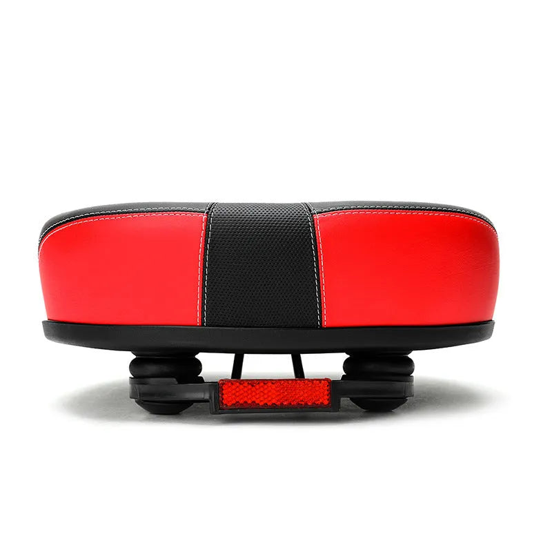Thickened red mountain bike saddle with reflective details and shock absorber.