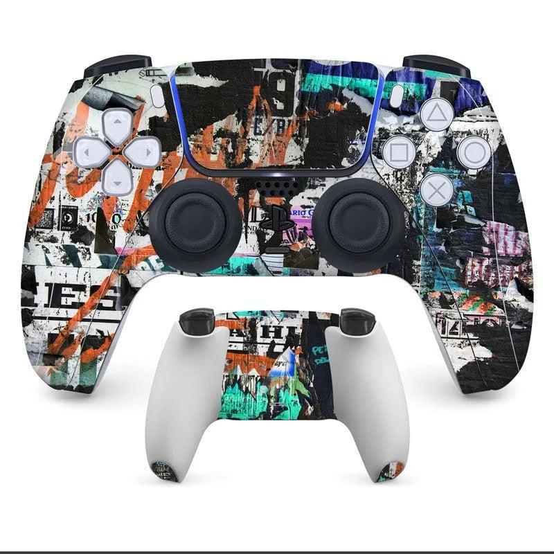 PS5 DualSense controller with a non-adhesive, patterned protective skin applied to the front and back.
