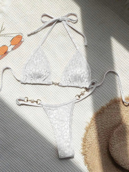 Women's leopard print bikini swimsuit set in various colours including blue and green, shown in triangle and skirt styles.
