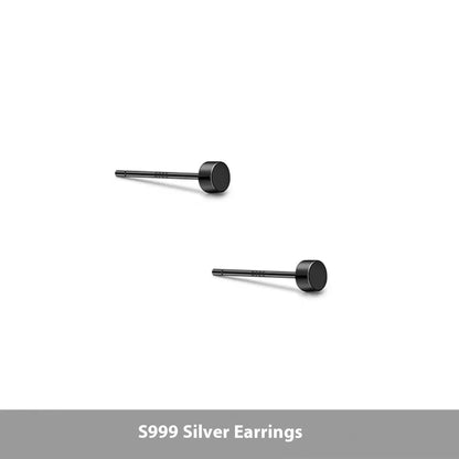 S999 sterling silver round flat bone stud earrings in silver or black, showing size range from 3mm to 8mm.