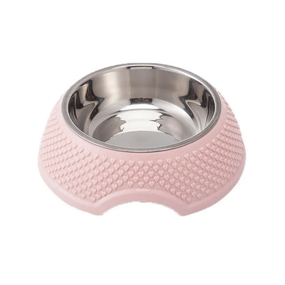 Set of four stainless steel pet bowls with non-slip bases in blue, green, and pink colours.