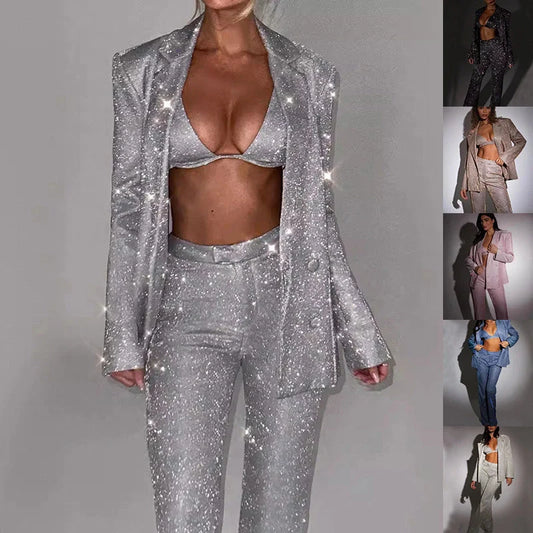 3-piece shiny polyester suit set with bra lapel blazer and straight-leg trousers for women