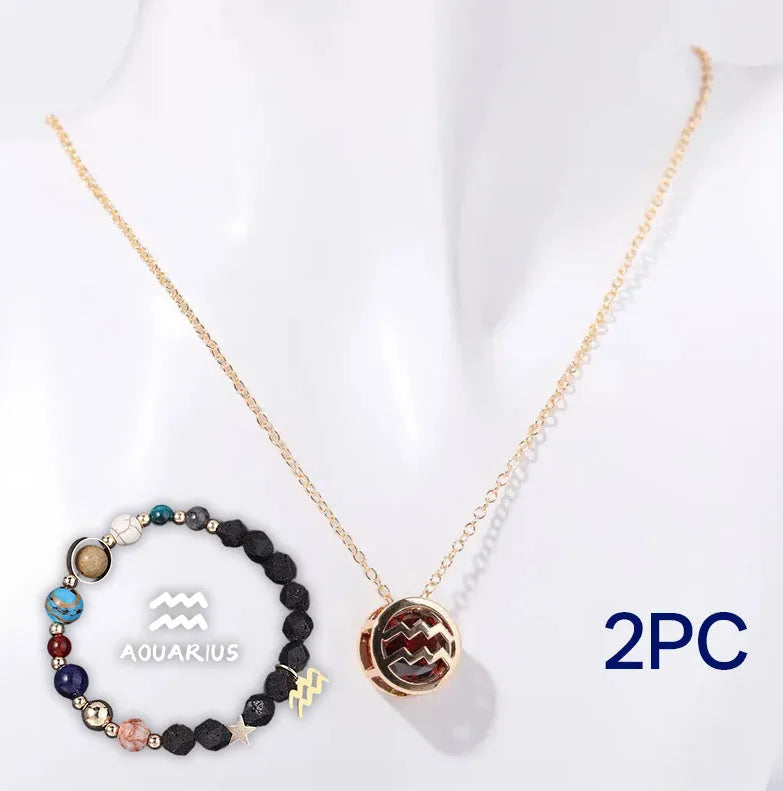 A natural stone beaded necklace and matching bracelet set laid flat, showcasing varied bead colours and textures.
