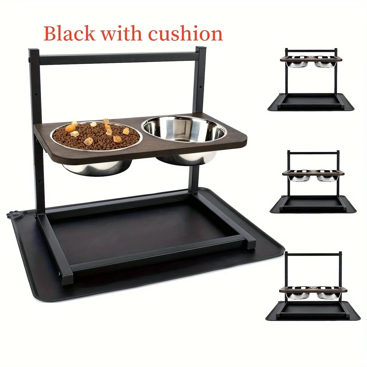 Black iron dog bowl rack holding two bowls for pet food and water