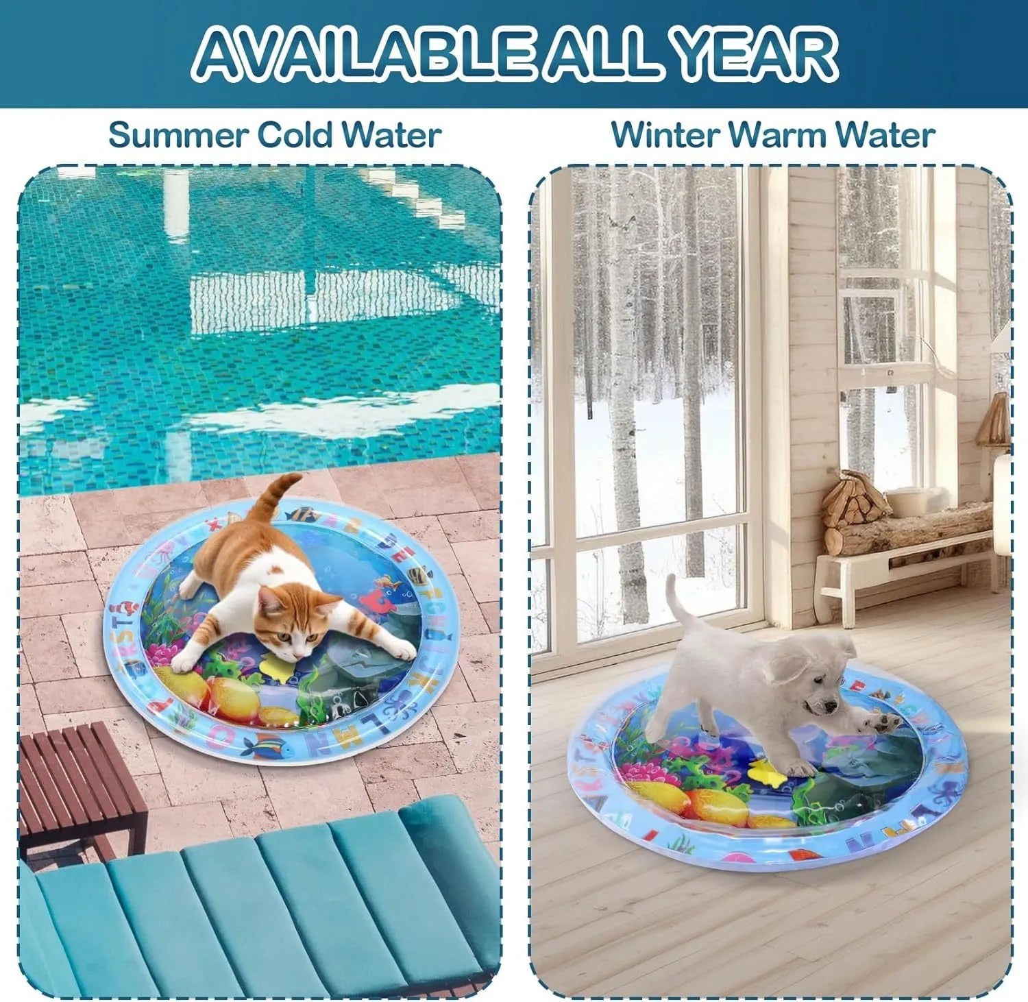 Blue ocean-themed cat water play mat with floating fish toys inside an inflated square border on a wooden floor.