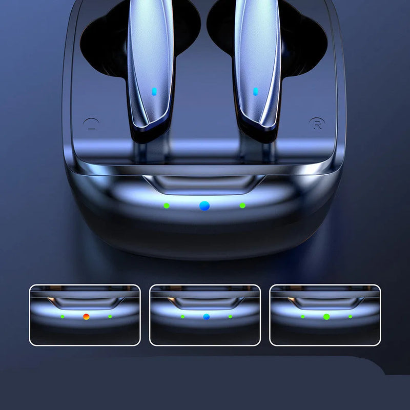 TWS Bluetooth headphones with 5.1 in-ear HD sound quality wireless connectivity featuring 15-hour playback, 90-day charging case standby, and sensitivity of 101.7dB for clear audio in black or white colour options.