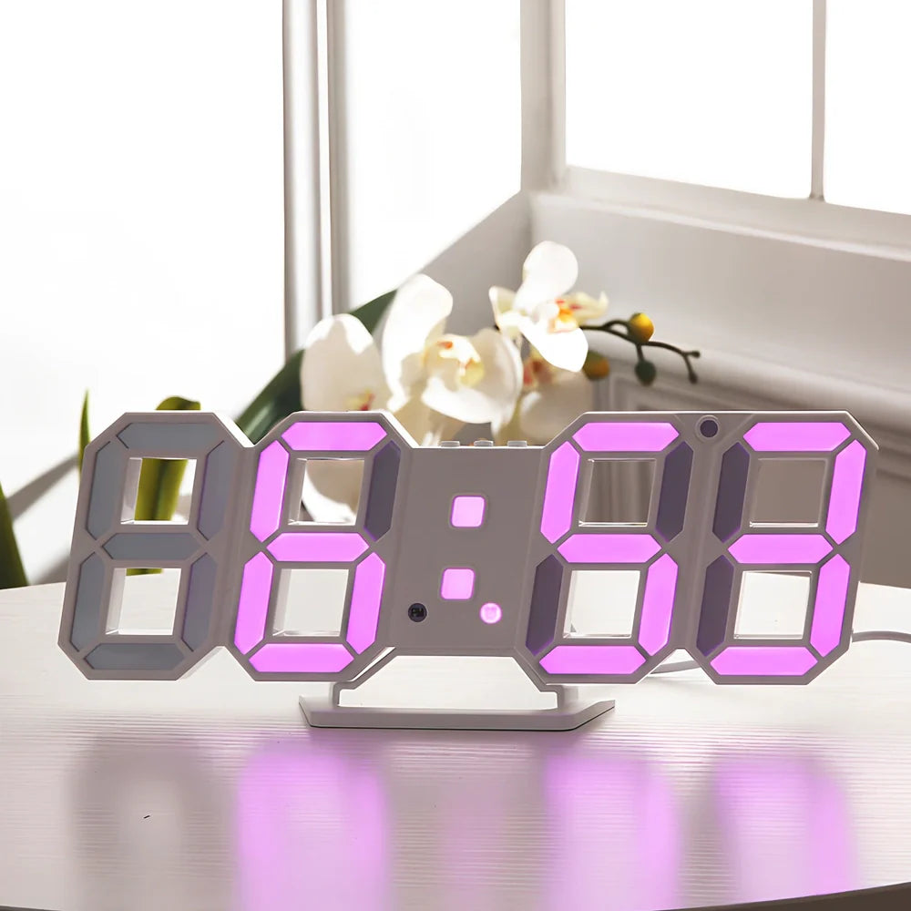 3D LED wall digital clock showing time, date and temperature with multiple colour options