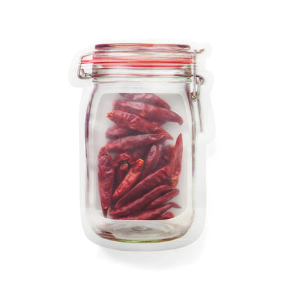 Red reusable self-sealing plastic bag for snacks with zipper closure, shown with biscuits.