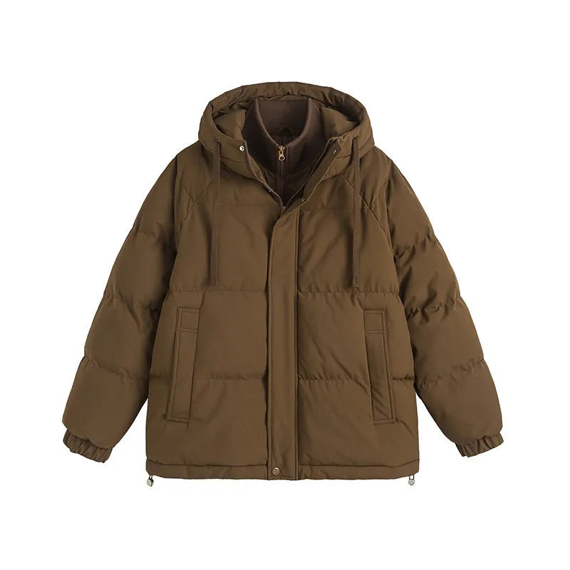 Loose winter cotton-padded coat in mustard yellow with side pockets and cardigan style
