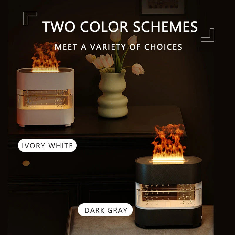 Premium Aroma Diffuser with realistic flame, rain simulation, and customizable LED lights for a relaxing atmosphere