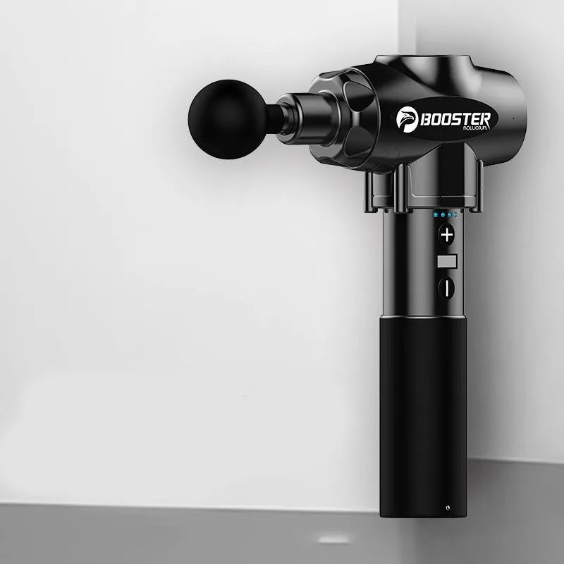 Black and white deep tissue massage gun with 12mm stroke for muscle recovery, shown at 3200 RPM speed.