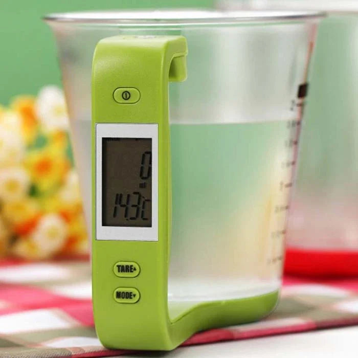 All-in-One Digital Measuring Cup and Kitchen Scale with LCD Display, Temperature Sensor, and Conversion Features