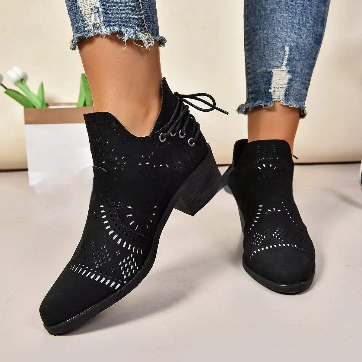 Women's plus size black mid-calf simple fashion boots with artificial PU upper