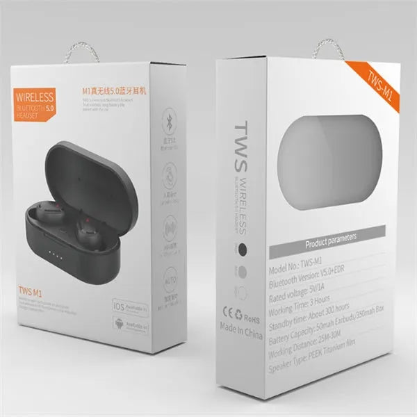 Black and white M1 wireless Bluetooth earbuds with a charging case on a neutral background.