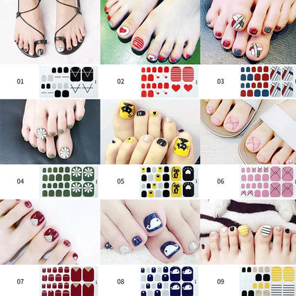 Waterproof foot nail sticker sheet in pink, silver, wine red, and yellow colours measuring 10cm × 15cm