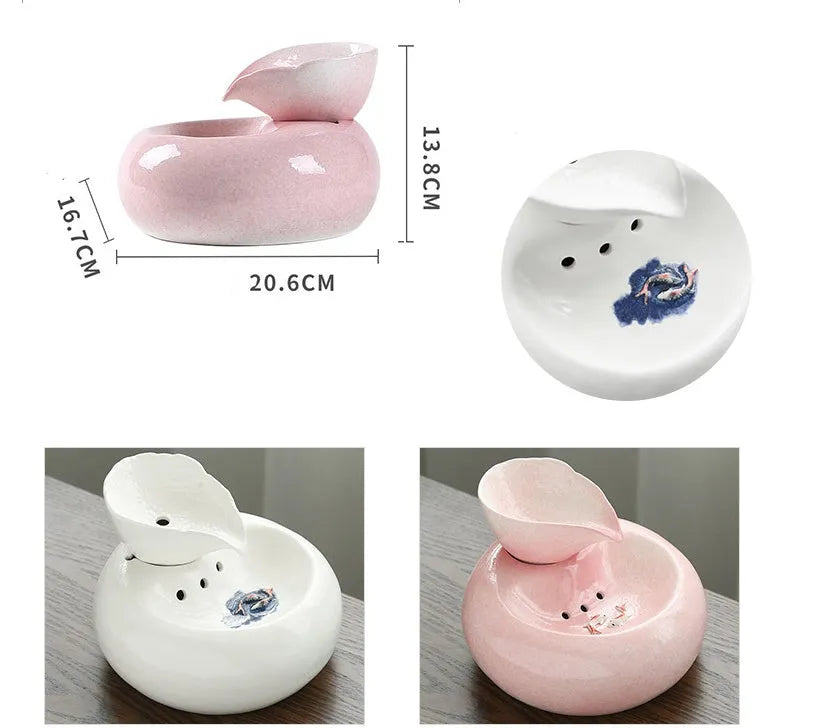Ceramic automatic cat water dispenser with leaf design in white or pink, porcelain pet fountain with EU or US plug