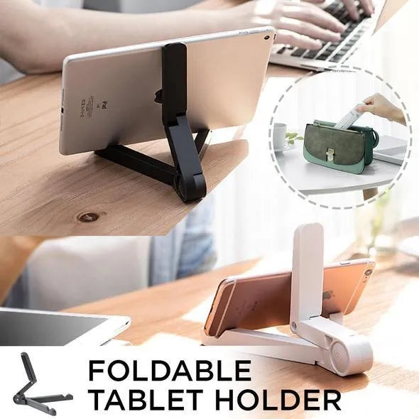 Black foldable tablet holder open in landscape mode holding a tablet, showing side buttons and non-slip base.