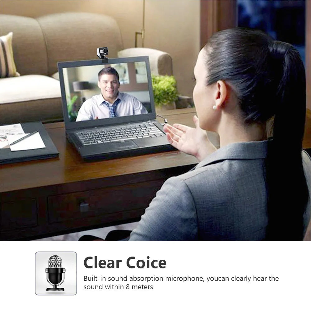 Blue mini USB webcam with a 1.45m cable showing its 360-degree rotating head on a laptop.