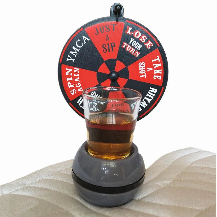 Rotatable drinking game set with plastic turntable and glass wine glass