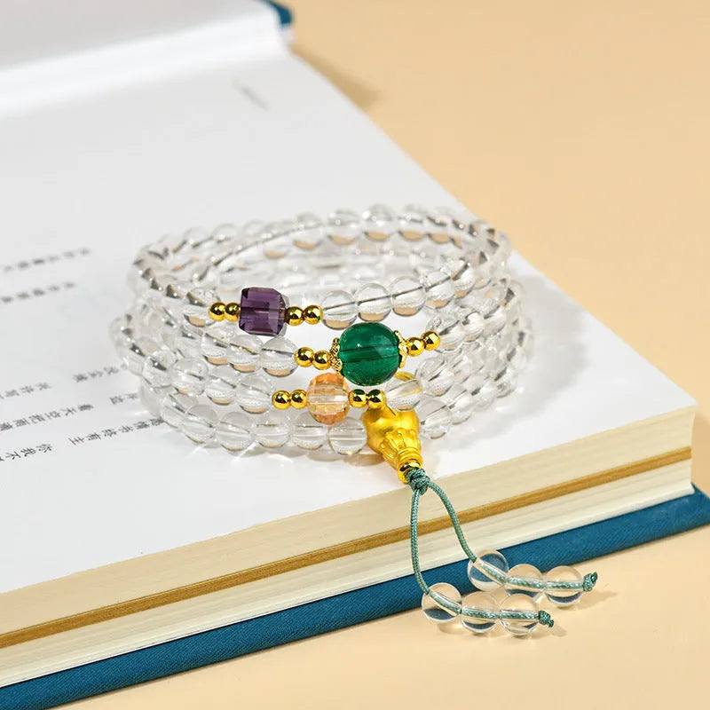 White crystal 108 bead rosary bracelet with geometric ethnic style