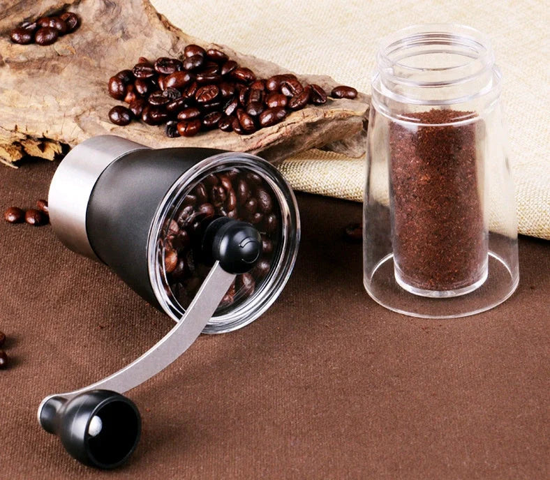 Handheld coffee and pepper grinder with adjustable grind size, compact design