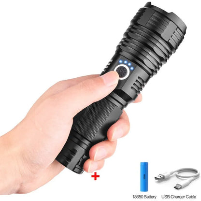 P70 outdoor flashlight with XHP70 LED, micro USB charging, telescopic zoom, and aluminium alloy body