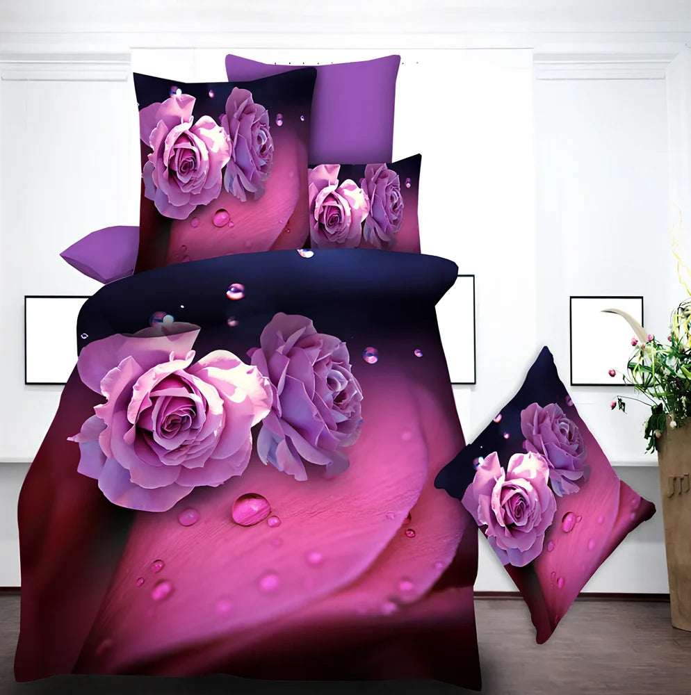 Brushed 3D floral four-piece bedding set in A Blue, showing 200x230cm quilt cover with raised pattern and matching pillowcases