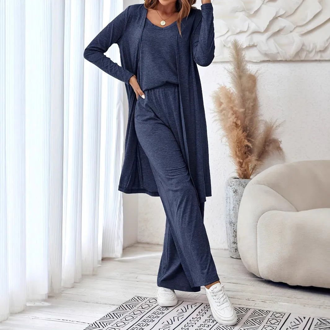 Solid blue three-piece suit with trousers, top, and suspenders in Japanese and Korean casual style