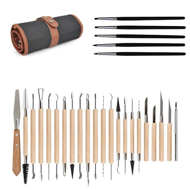 27-piece pottery clay tool set with stainless steel, wood, and plastic tools in an OPP storage bag.