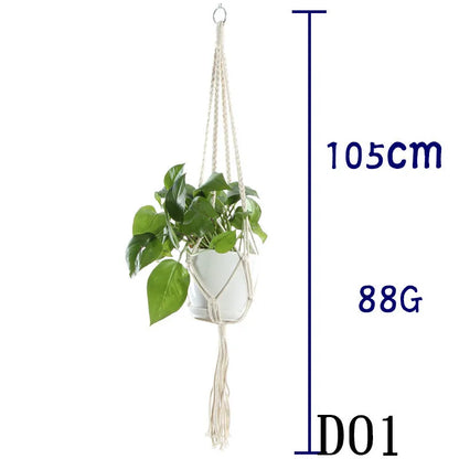 Handmade beige cotton rope net bag holding a plant pot, showing its textured sling design.