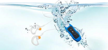 Compact black Bluetooth MP3 headset with clip, shown next to USB charging cable.