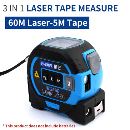 Blue and yellow laser tape measure showing laser cross projection and extended 5m steel tape