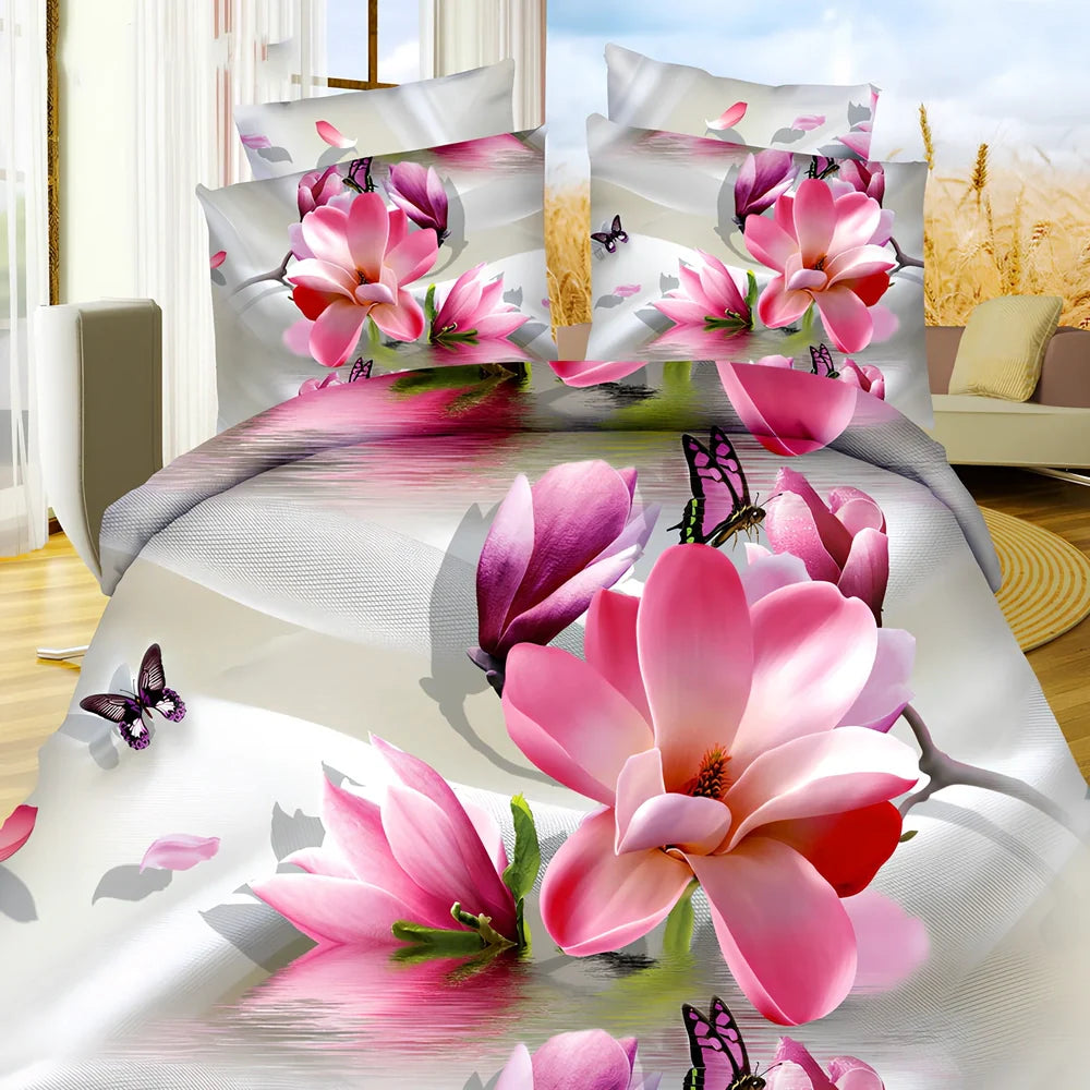 Brushed 3D floral four-piece bedding set in A Blue, showing 200x230cm quilt cover with raised pattern and matching pillowcases