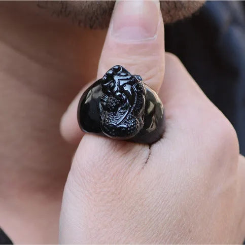 Men's gold sheen obsidian Pixiu thumb ring with alloy band in size 19, 20, 21, or 22.